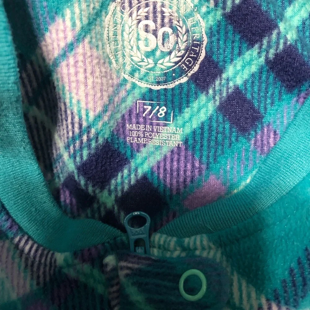 SO brand ONE PIECE zip up teal‎ blue plaid pajama girls size 7/8 with feet